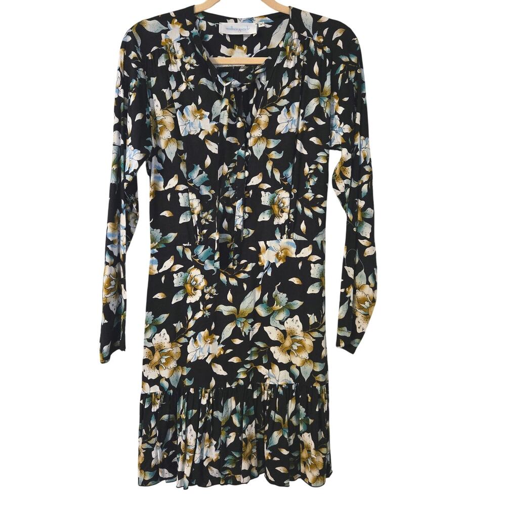 Walker & Wade Ibiza Dress Black Floral Ruffle Hem Long Sleeve Size‎ Medium